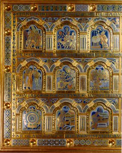 Nicolas de Verdun tarafından altın ve emayeden yapılmış Verdun Sunağı (yaklaşık 1130/50-1205): Eski ve Yeni Ahit'ten sahneler (Kızıl Deniz'i geçme, Kral Melchisedech (Melchisedec veya Melchizedek veya Melkisedeq veya Melki-Tsedeq veya Melki Tsedeq)