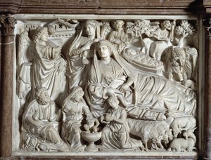 Nicola Pisano (1215 / 20-1278 / 84) (Mermer minber) 1260 Baptistere Saint John of Pisa (Battistero San Giovanni di Pisa), İtalya tarafından gerçekleştirilen Müjde ve Doğuş Kürsüsü