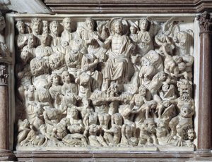 Son Yargı (Son Yargı) Sandalye Nicola Pisano (1215 / 20-1278 / 84) (Mermer minber) 1260 Baptistere Pisa Aziz John (Battistero san Giovanni di Pisa), İtalya