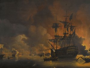 27 Ağustos 1816, İngiliz-Hollanda Filosu tarafından bombardımanın başlamasından kısa bir süre sonra Cezayir Rıhtımlarında çıkan yangın Cezayir Körfezi