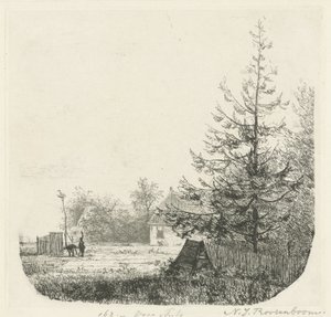 Bir leylek yuvası ile ağaçlarla dolu manzara by Nicolaas Johannes Roosenboom