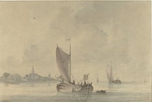 Hollandalı bir kasabanın önünde su üzerinde yelkenli mavnalar