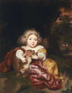 Bir Geyik yavrusunu okşayan kız by Nicolaes Maes