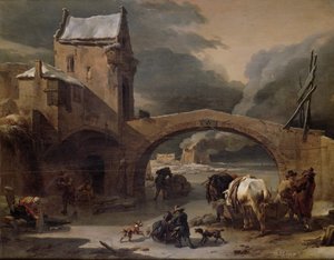 Müstahkem Köprünün Yanındaki Donmuş Kanalda Köylüler ve Atlarla Bir Kış Manzarası, c.1660-70 (panelde yağ) by Nicolaes Pietersz. Berchem