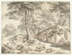 Ağaçların arasında bir harabede koyunlu çoban by Nicolaes Pietersz Berchem