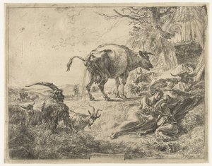 Uyuyan çoban ailesi ve dinlenme hayvanları by Nicolaes Pietersz Berchem