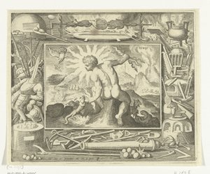 Yıldırım cıvataları olan genç bir adam olarak ateş unsuru Ignis (nesne üzerindeki başlık) Dört Element (dizi adı) by Nicolaes de Bruyn