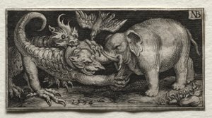İki Canavarla Dövüşen Fil by Nicolaes de Bruyn