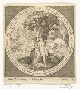 Havva, iyiyi ve kötüyü bilme ağacında yılan tarafından aldatılır. Yaratılıştan Cennetten Kovulmaya (dizi adı) by Nicolaes de Bruyn