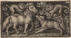 İki Maymunlu ve Köpekli At by Nicolaes de Bruyn