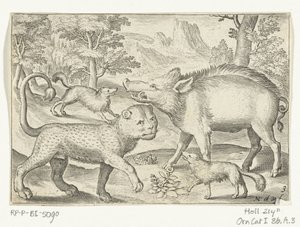 Leopar, yaban domuzu ve köpekler Animalivm qvadrvpedvm (dizi başlığı) Manzaralardaki hayvanlar (dizi başlığı) by Nicolaes de Bruyn
