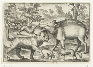Leopar, yaban domuzu ve iki köpek Animalivm qvadrvpedvm (dizi başlığı) Manzaralardaki hayvanlar (dizi başlığı) by Nicolaes de Bruyn