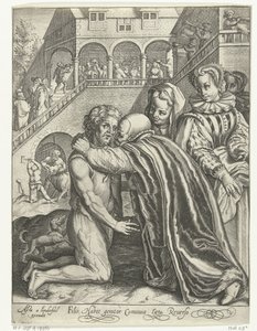 Prodigal Oğlunun Eve Dönüşü Filio habet conuiuia laeta Reuerso (nesne üzerindeki başlık) Savurgan Oğul Masalı (dizi adı) by Nicolaes de Bruyn