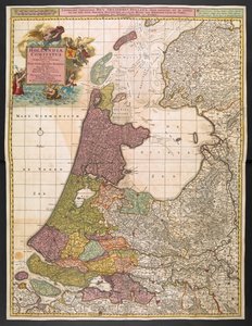Yerleşimleri, bataklıkları, ormanlık alanları, tepeleri, yolları, nehirleri ve diğer coğrafi özellikleri gösteren Hollanda haritası, c.1710 (renkli gravür) by Nicolaes the Elder Visscher