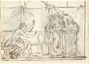 Antik sahne. Oturan taçlı bir kahraman, küçük bir kız ve yaşlı bir adam da dahil olmak üzere dört kişilik bir grupla konuşuyor by Nicolai Abildgaard