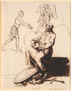 Ariosto, bir kül suyu ile oturuyor, ayaklarının kolları, arka planda Cupid arkasından bir adam çekiyor by Nicolai Abildgaard