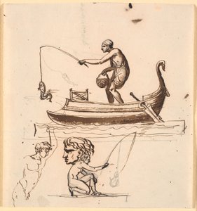 Teknede bir adam, oltaya bir balığı kaldırıyor. Aşağıda bir balıkçı, bir kafa ve çıplak bir adamın taslağı var. by Nicolai Abildgaard