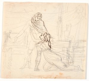 Çıplak bir kahramanı kucaklamak için yalvaran genç bir kadın by Nicolai Abildgaard