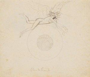 Bir çift dairesel yay ile gösterilen, bir kürenin üzerinde uçan kanatlı bir dahi by Nicolai Abildgaard