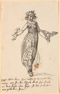 Frigga, kollarında bir çift şahinle yürüyor. Sanatçının notlarını içeren bazı satırların yanı sıra by Nicolai Abildgaard