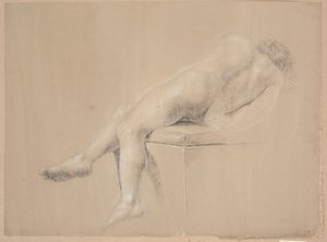Yüksek baza üzerinde yastıklı yarı yatar model. Arkadan görüldü. Kaide üzerinde asılı bacaklar by Nicolai Abildgaard