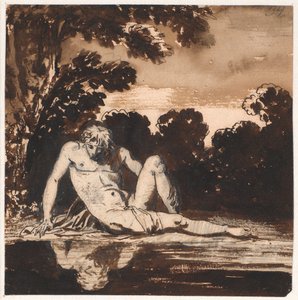 Hyachinthos, Apollon'un gençliği, Narcissus, dere kenarında dinlenirken by Nicolai Abildgaard