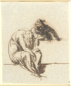 Ön planda, göğüs zırhının arkasında oturmuş, bükülmüş bir kadın figürü, bir diğeri ona doğru eğiliyor. by Nicolai Abildgaard