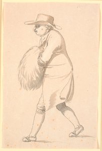Karikatür, muhtemelen Profesör Münter tarafından, elleri kolda, sola doğru yürüyor by Nicolai Abildgaard