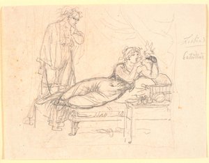 Lesbia ve Catullus. Lesbia yalan söylüyor, sol elinde bir kuş tutuyor. Catullus arkasında duruyor