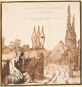 Hayat kursunun amacı. Alegorik çizim. Bir kadın mete ve piramitli bir mezarlığa ortak açar by Nicolai Abildgaard