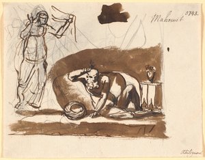 Yastıklar arasında oturan Muhamed, solda bir kadın figürü by Nicolai Abildgaard