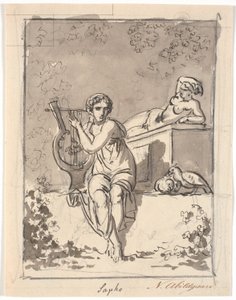 Sappho, liriyle oturuyor, arka planda bir hermafrodit duruyor by Nicolai Abildgaard