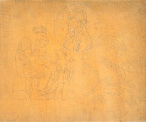 Daire kompozisyonunda profilde iki çocuklu ve portreli oturan kadın by Nicolai Abildgaard