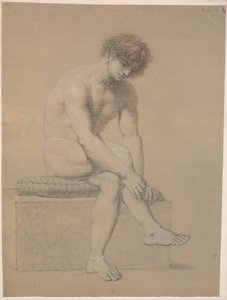 Minderli alçak baza üzerinde oturan model. Sağa döndü. Askıya alınmış kollar. çapraz bacaklar by Nicolai Abildgaard