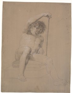 Minderli alçak baza üzerinde oturan model. Önden görünüş. Sol elinde bir personel. Sağ bacak uzatılmış by Nicolai Abildgaard