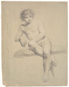 Minderli alçak baza üzerinde oturan model. Önden görünüş. çapraz bacaklar by Nicolai Abildgaard