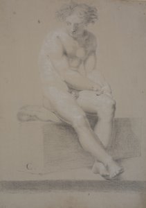 Minderli baza üzerine oturan model. Eller sol uyluğun üzerinde buluşuyor. Ayaklar çapraz by Nicolai Abildgaard