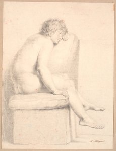 Minderli baza üzerine oturan model. Profil t.h. Baş sol koldan desteklenir. Bacaklar yere ulaşmıyor by Nicolai Abildgaard