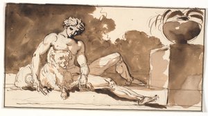 Elinde bir anahtar, bir fino köpeği ve t.h. olan çıplak bir adam oturuyor. ve agav by Nicolai Abildgaard