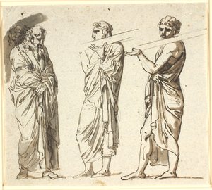 Ayakta duran üç adam, ikisi daha genç, her biri omzunda bir tahta taşıyor, üçüncüsü daha yaşlı, dalgın bir pozisyonda by Nicolai Abildgaard