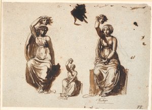Sağ elinde yükseltilmiş bir Medusa başı ile alegorik olarak oturan bir kadın figürü için üç çalışma by Nicolai Abildgaard