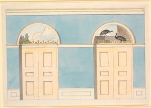 Mavi duvarlarda iki kapı üzerinde yarı dairesel paneller ile taslak duvar dekorasyonu by Nicolai Abildgaard