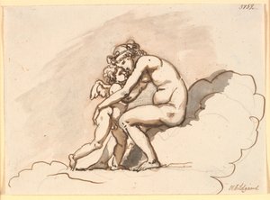 Bulutlarda oturan Venüs, Cupid'i kucaklıyor by Nicolai Abildgaard