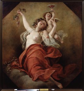 Bacchante (Bacchante). Çıplak göğüslü bir kadın üzüm salkımını tutuyor ve elinde bir bardak kırmızı şarap olan bir melek var. Nicolai Apollonovich Malkov