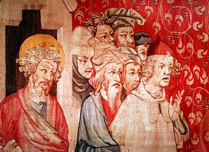 "Öfkelerin Kıyameti"nden İşkencelerini Öngören Meleği Dinleyen Adamların Detayı, 1373-87 by Nicolas Bataille