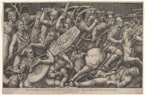 Daçyalılara karşı savaşan Romalı askerler, sığ derinlikte atlar ve hor..., 1553 ile savaş sahnesi. by Nicolas Beatrizet