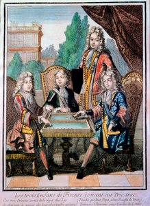 Louis XIV (1638-1715), Louis Burgonya Dükü (ö. 1712), Philippe, Anjou Dükü (1683-1746) ve Charles, Berry Dükü ile babaları Louis (ö. 1711), yunus ile torunları Fransa