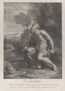 Aziz Jerome bir ağacın yanında oturmuş bir haça bakıyor, bir dereden su içen bir aslan..., 1728 by Nicolas Chateau