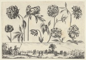 Bir Peyzajda Figürlerle Bir Frizin Üzerinde Bir Sıra Çiçekle Yatay Panel, Li..., 1645. by Nicolas Cochin