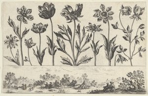 Bir Peyzajda Figürlerle Bir Frizin Üzerinde Bir Sıra Çiçekle Yatay Panel, Li..., 1645.